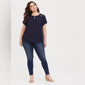 Torrid Georgette Navy Blouse with Butterfly Sleeves and Lace Keyhole Back